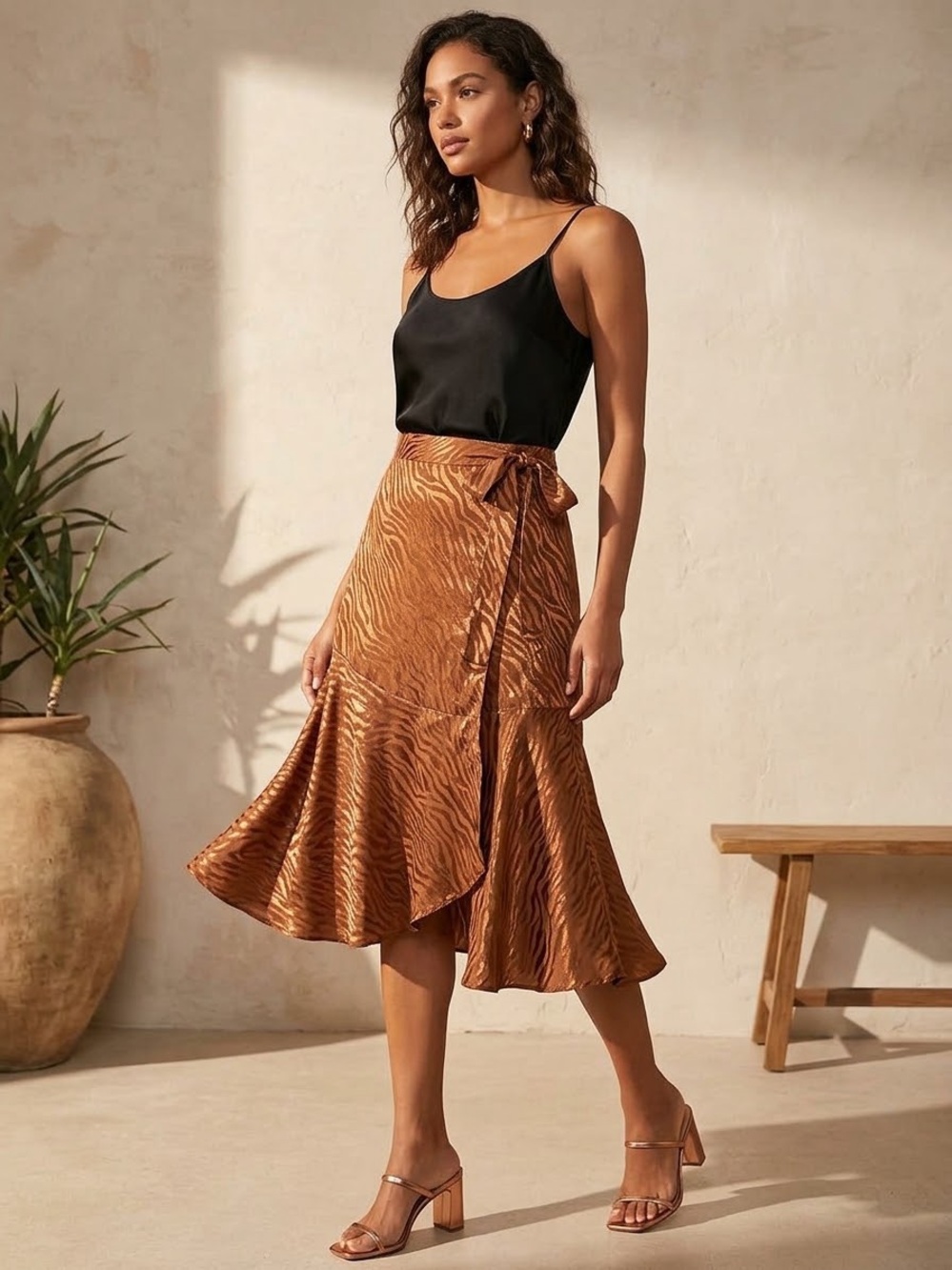 Maeve Satin Wrap Midi Skirt in Bronze Animal Print